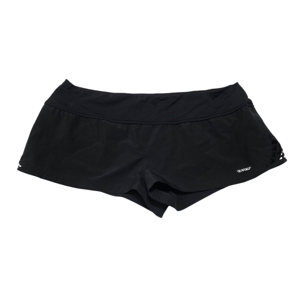 Seafolly Active Board Shorts Women XL Black Lattice Side Swim Bottoms 6860
